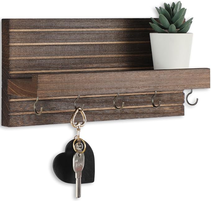 Lwenki Decorative Key Holder for Wall with Shelf, Entryway Shelf with Hooks Holds Leashes, Jackets and Glasses – Sturdy Wood Keyholder Entrance Hanger with Mounting Hardware (Brown, Medium)