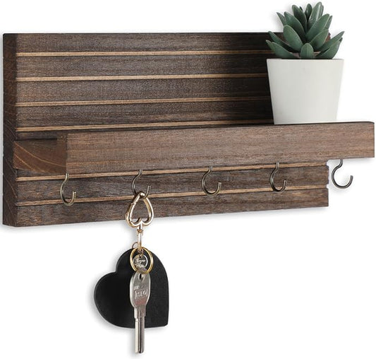 Lwenki Decorative Key Holder for Wall with Shelf, Entryway Shelf with Hooks Holds Leashes, Jackets and Glasses – Sturdy Wood Keyholder Entrance Hanger with Mounting Hardware (Brown, Medium)