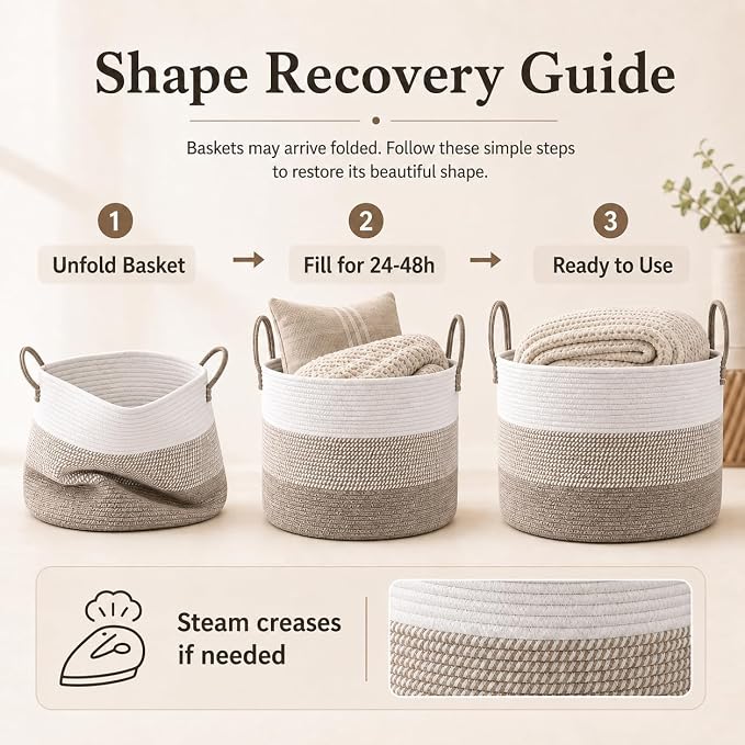 JMvicyroam 65L Extra Large Machine Washable Cotton Rope Blanket Basket | Collapsible laundry hamper, Reinforced handles, For blankets,pillows,toys and clothes, Living room and bedroom,White&BrownMix