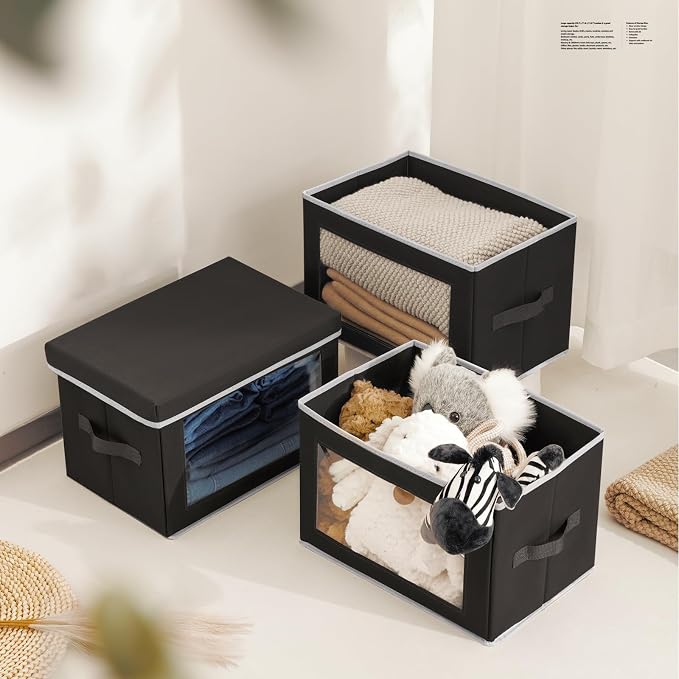 Homsorout Cube Storage Bins with Lids, Clear Window Storage Baskets for Organizing, Fabric Organizer Bins with Handle, Cloth Storage Bins for Shelves, Closet, Clothes, Towels, 4 Packs, Black