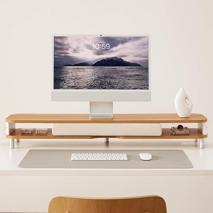 Fenge Dual Monitor Stand with Large Storage Drawer, 42.5" Dsek Shelf, Oak | Slide-Out Drawer with Soft Touch Leather, Ergonomic Monitor Riser, Aluminum leg, 2-Tier Desk Organizer for Laptop, TV, PC