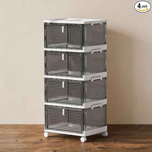 23QT Stackable Storage Bins with Lids and Wheels, 4 Tier 92QT Foldable Plastic Storage Drawers with Magnetic Doors, 4 Pack Collapsible Closet Organizer for Bedroom Office, Clear Gray