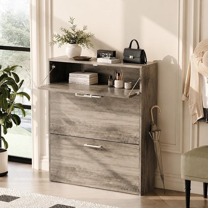 VINGLI Grey Shoe Cabinet for Entryway, Slim Shoe Rack Storage with 3 Flip Drawers, Rustic Washed Grey Wood Finish, Narrow Hidden Shoe Organizer for Hallway, 9.5" Depth, Greige