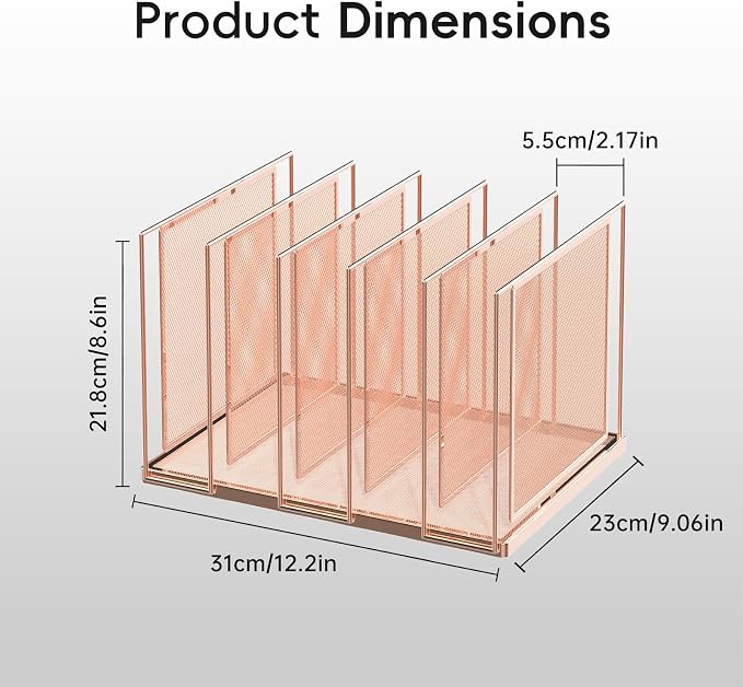 File Organizer for Desk, 5-Section Vertical File Sorter, Paper Holder Organizer Standing Metal File Folder for Office Home Classroom, Rose Gold