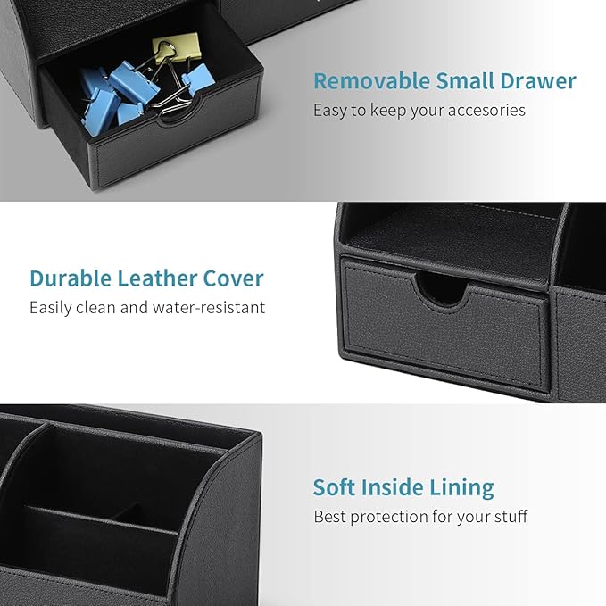 VLANDO Desk Organizer with Drawer, Leather Office Storage Caddy, Black | Leather desktop caddy with compartments and a pull-out drawer organizes pens, notes, remotes and everyday office supplies