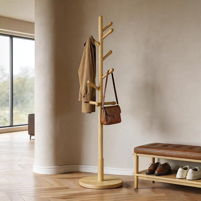 Solid Wood Coat Rack Freestanding with 9 Hooks - Wooden Coat Rack Stand for Entryway, Bedroom, Living Room, Hallway for Coats, Handbags, Hat (Natural)