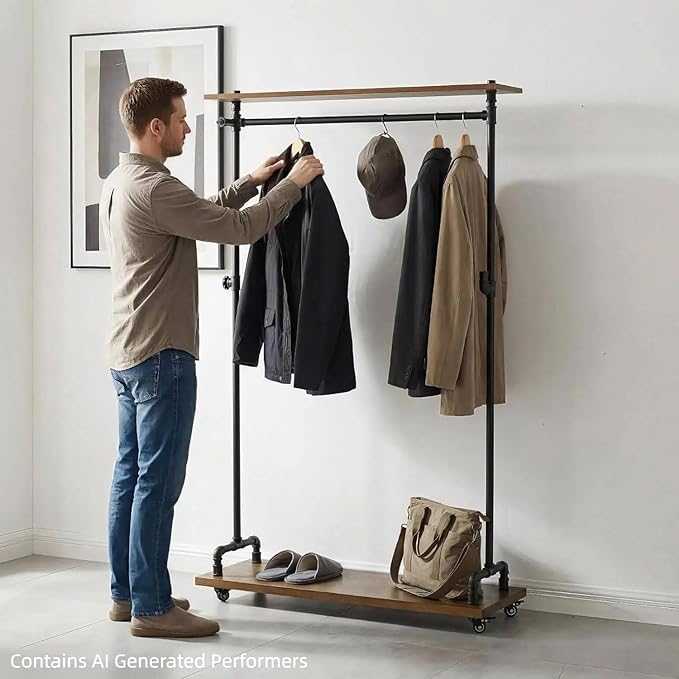 Industrial Pipe Clothing Rack, Wood Clothes Rack, Rolling Garment Rack | Heavy Duty, Sturdy Hanging Rod, Hall Tree on Wheels with Shelves, Shoes Storage and Hangers for Bedroom Retailer, Rustic