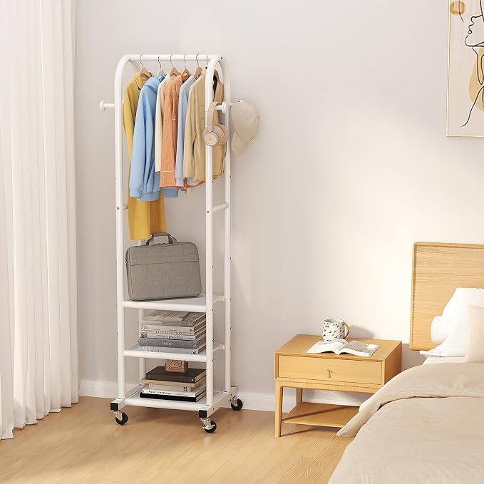 Dttwacoyh Clothing Rack with Wheels,Narrow Metal Garment Rack,White | Easy to install, 71.8 Inches Display Rack with 4 Side Hooks & 3 Shelves,for Small Flats, Bedroom, Entryway,White Clothes Rack