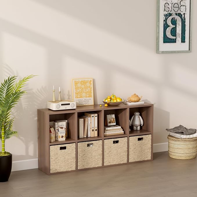 OSCHF 8-Cube Storage Shelf Bookcase, Walnut | Wooden 4-Tier Open Bookshelf, Fits 11×11" Bins, Vertical or Horizontal Use, Full Back Panels, For Home Office