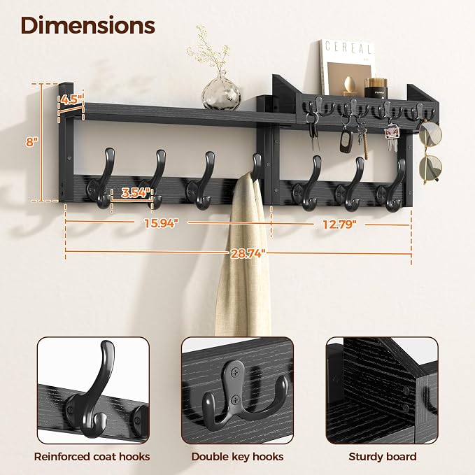 Evermagin 29" Coat Rack Wall Mount with Shelf for Entryway, Black | Wall Mounted Coat and Key Rack with Hooks, Key Holder with Mail Organizer for Wall, Living Room, Mudroom, Bedroom