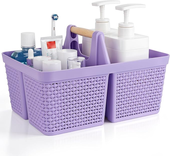 UUJOLY Portable Plastic Shower Caddy Basket with Wooden Handle, Purple | Divided Storage Organizer Tote for Bathroom, Dorm, College, Kitchen & RV – Lightweight, Easy-Carry Essentials Caddy