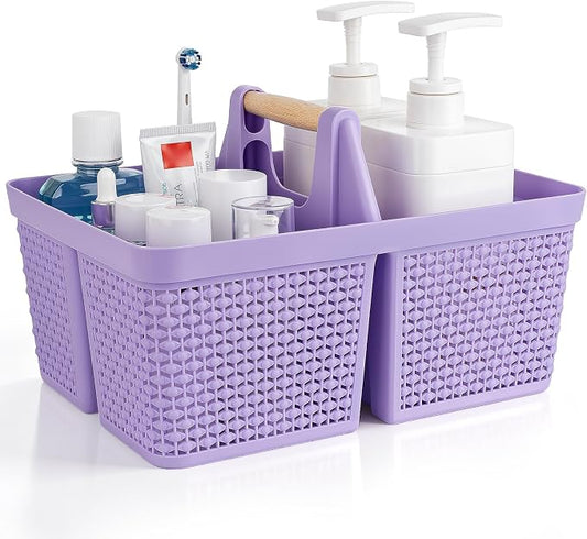 UUJOLY Portable Plastic Shower Caddy Basket with Wooden Handle, Purple | Divided Storage Organizer Tote for Bathroom, Dorm, College, Kitchen & RV – Lightweight, Easy-Carry Essentials Caddy