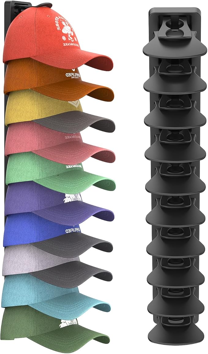 Hat Organizer for Baseball Caps 1 Pack, Adhesive Hat Rack for Wall Hold Up to 20 hats (Black-1 Pack)
