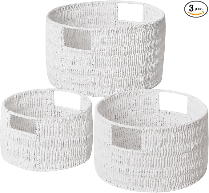 Wicker Storage Basket, Hand-Woven Paper Rope Large Round Woven Basket With Handles, Wicker Baskets for Organizing/Storage, White, 3-Pack