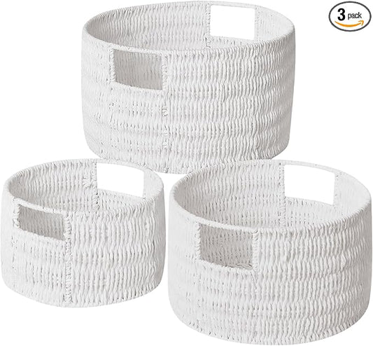 Wicker Storage Basket, Hand-Woven Paper Rope Large Round Woven Basket With Handles, Wicker Baskets for Organizing/Storage, White, 3-Pack