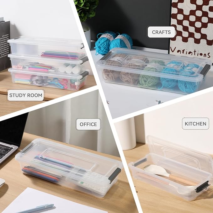novelinks 4 Quart Clear Plastic Storage Containers with Lids (8 Pack) | Storage Bins with Lids, Stackable Small Clear Bins, Craft Storage Box, Paper Storage, Under Bed Storage Bins, Pencil Box