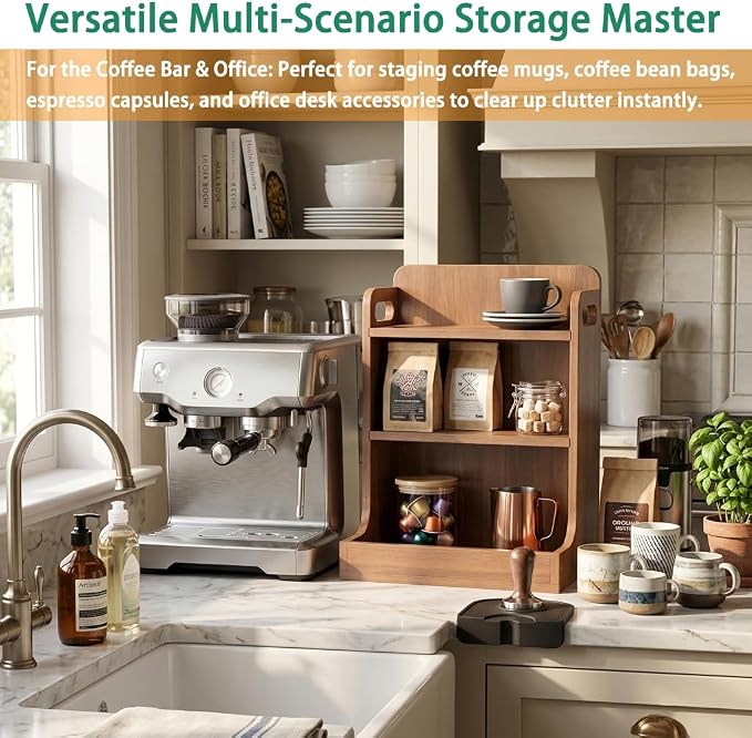Solid Wood 3-Tier Spice Rack Countertop Organizer Kitchen Storage Shelf | Sturdy wood desktop shelf for spices, coffee bars & bathroom vanities. Features portable handles & full back stability.