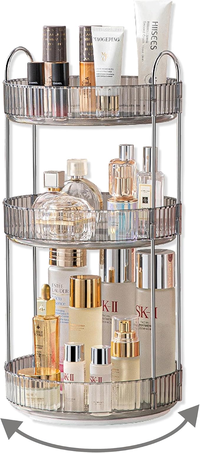 Asayuee 360 Rotating Makeup Organizer,3 Tier Large Capacity Make Up Organizers and Storage,Makeup Organizer for Bathroom,Cosmetic Perfume Stand Organizer(Grey-3 Tier)