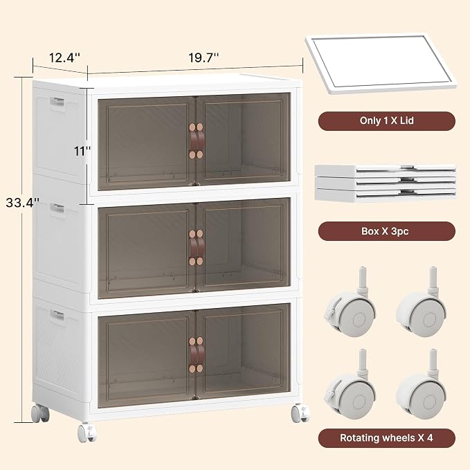 452QT Extra Large Stackable Storage Bins with Lids & Wheels | & Door,Total 113Gal for 3-Tier set Foldable Collapsible Closet Organizers, Plastic containers drawers for bedroom Dorm