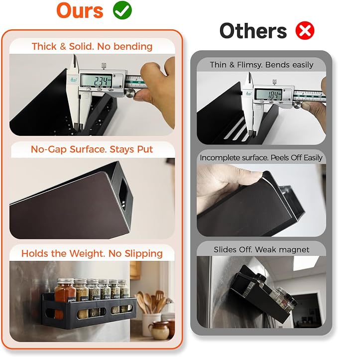 Sevenblue 4-Pack Magnetic Spice Rack for Refrigerator with Hooks, Black | Strong multipurpose magnetic shelf for kitchen & bathroom organization. Includes 4 removable hooks for hanging items.