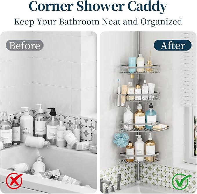 Consumest Shower Caddy Tension Pole, Shower Caddy Corner, Silver, 4 Tier | 304 Stainless Steel Rustproof, Adjustable 27.6-108.3 Inch, Corner Shower Shelves, Brush & Soap Holder