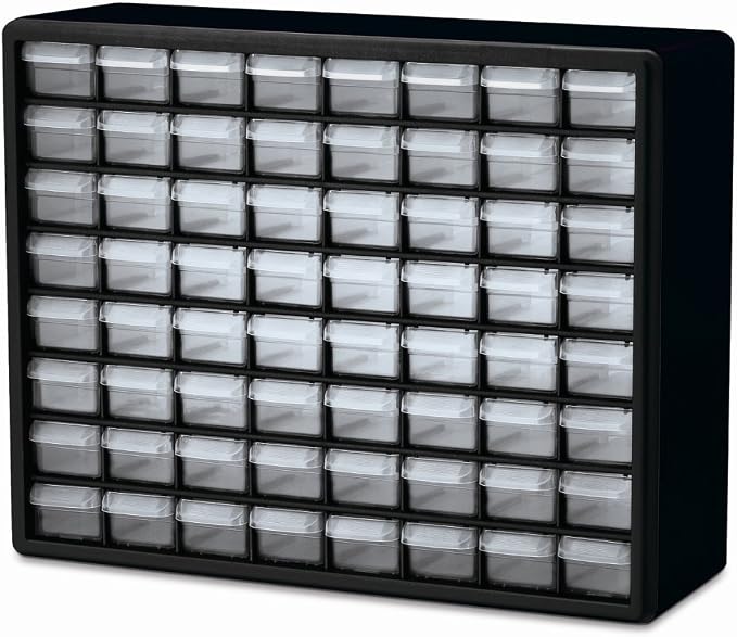 Akro-Mils 64-Drawer Plastic Storage Cabinet, 20"W x 6"D x 16"H, Black | Plastic Cabinet w/ Drawers for Garage Organization, Beads, Building Bricks Storage, Teacher Toolbox, Makeup Organizer, 10764