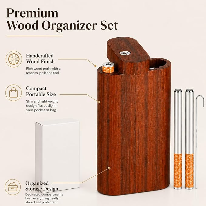 𝗢𝗻𝗲 𝗛𝗶𝘁𝘁𝗲𝗿 𝗣𝗶𝗽𝗲 Wood Storage Box Organizer Complete Set with 2 Metal Tubes and Cleaning Tool - Decorative Boxes for Crafts, Sewing, Keepsake,for Home Office Storage.