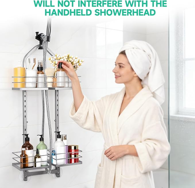 Shower Caddy Hanging for Handheld Showerheads Adjustable Hagging Shower Caddy, Stainless Steel Hose Hanging Shower Organizer 4 Levels Height Shower Rack (Sliver)