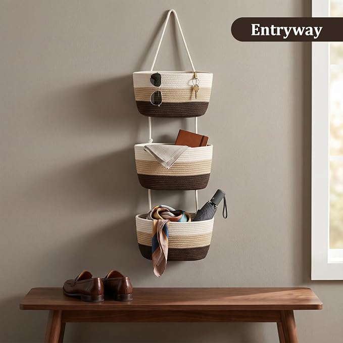 TeoKJ Over the Door Hanging Basket, 3-Tier Woven Cotton Wall-Mounted Storage Organizer Bag Decorative Hanging Nursery Baskets，Gradient Brown