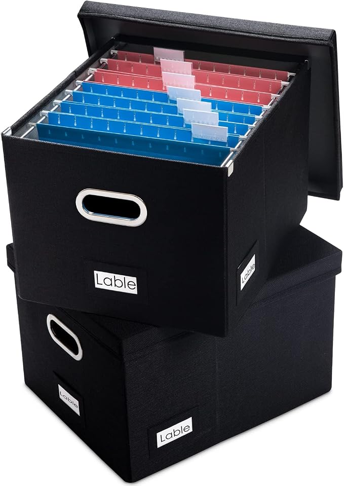 File Organizer Box - Set of 2 Collapsible Decorative Linen Filing Storage Hanging File Folders with Lids Office Cabinet Letter/Legal Size Black (17x14x11.2 inch)
