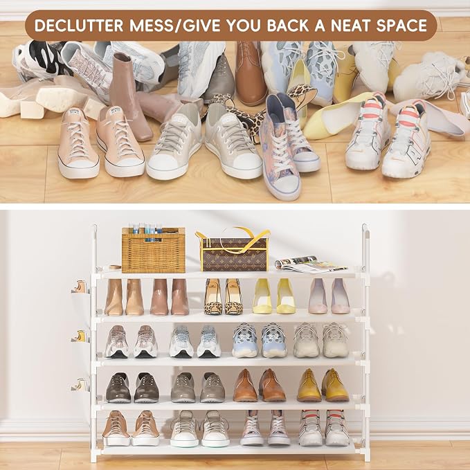 OYREL 5 Tier Shoe Organizer, 33.3in Wide x 11.2in Deep x 35.6in Tall, Black Metal and Plastic Shoe Rack with Side Bag, Holds 20-25 Pairs of Shoes | Closet, Entryway, Garage, Door Entrance, Space Saving Shoes Holder Stand, Sturdy Metal Free Standing She...