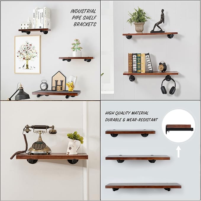 12 Inch Industrial Pipe Shelf Brackets Set of 8 - Black Iron Rustic Wall Mounted DIY Shelving Brackets Hanging Custom Pipe Brackets for Floating Shelves
