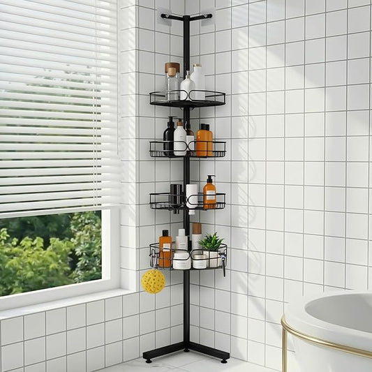 Standing Shower Caddy Corner, 4-Tier Adjustable Height Bathroom Organizer, 6-Section Pole, Sturdy Floor Standing Shelf for Shower – No Drilling, No Spring Tension