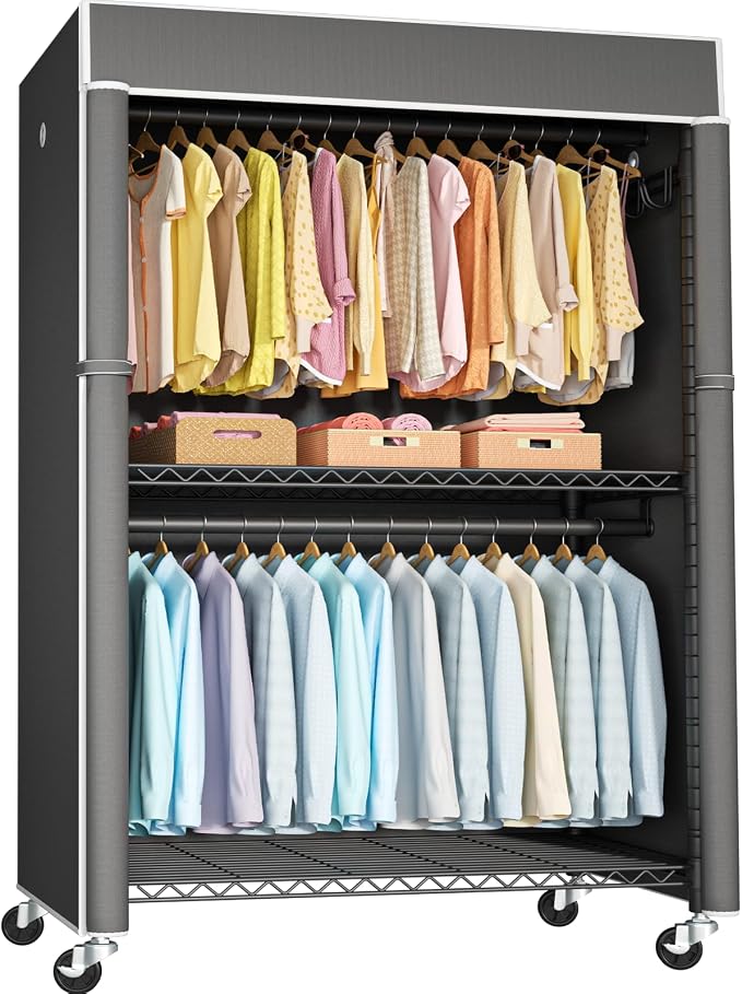 Black Clothing Rack with Dark Gray Cover, P1C Plus Rolling Closet | Metal Garment Rack with Wheels for Hanging Clothes, Portable Clothing Storage Wardrobe