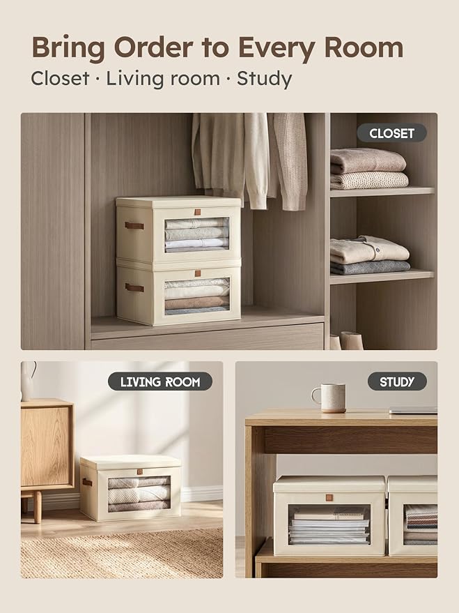Homsorout Medium Fabric Storage bins - Collapsible Storage Bins with Open Window, 4 Pack Closet Baskets for Shelves, Stackable Decorative Boxes for Home, Dorm, Beige, 13.7"x 9.8" x 9.8"