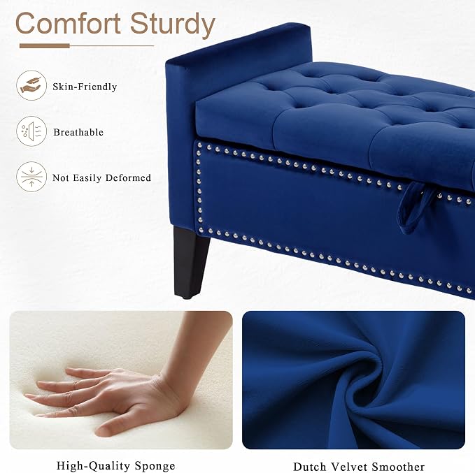 Velvet Storage Ottoman Bench, 46'' Upholstered Button Tufted End of Bed Bench, Modern Entryway Ottoman Bench with Arms, Blue