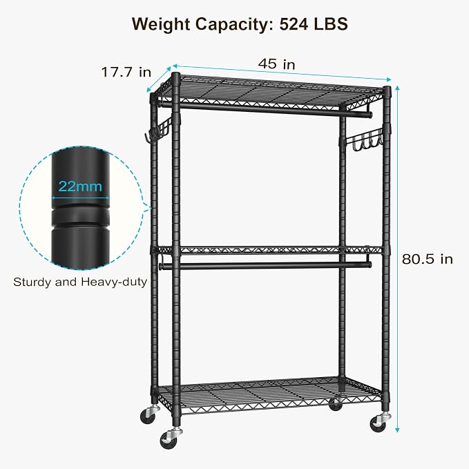 FUTASSI P1 Plus Rolling Clothes Rack, Heavy Duty Portable Closet Wardrobe | Freestanding Garment Clothing Rack with Wheels and Double Rods, 45"W x 17.7"D x 80.5"H, Max Load 524lbs, Black