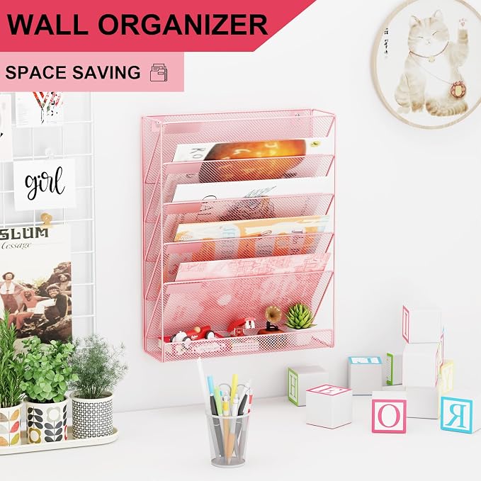 Wall File Organizer Holder Mesh Hanging Paper Document Holder, Vertical 6 Pocket Tier for Office Home, Light Pink