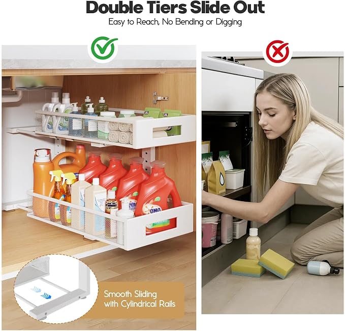 2 Packs 19IN Depth Under Sink Organizer, 2-Tier Pull Out Cabinet Organizer With Smooth Circular Rail, Large Capacity Metal Mesh Sliding Drawers For Bathroom& Kitchen Storage,Height Adjustable –White