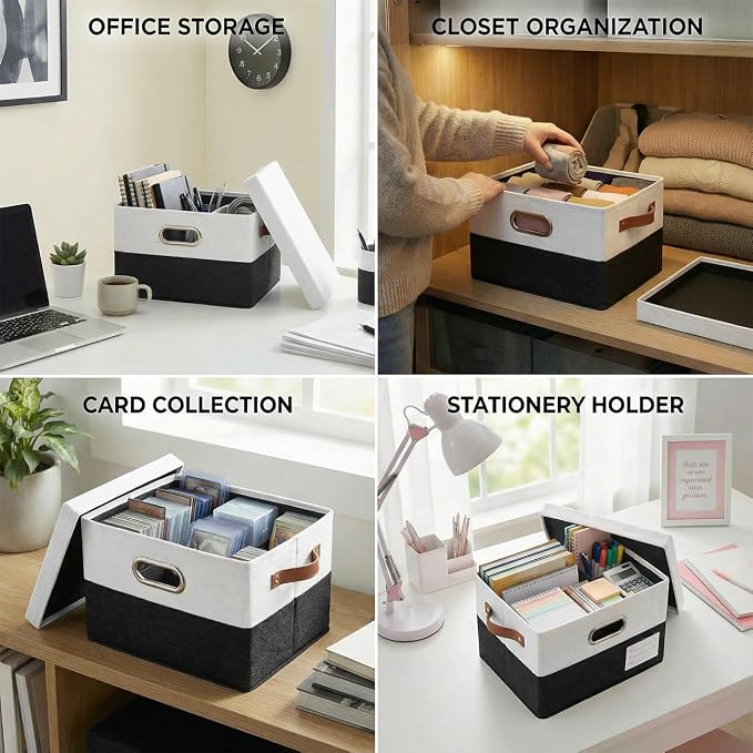 PRANDOM Storage Bins with Lids [3-Pack] Linen Fabric Foldable Storage Boxes Organizer Containers Baskets Cube with Cover for Bedroom Closet Office Black & White（11.4X8.6X6.7