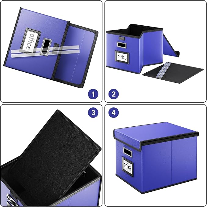 File Organizer Box with Lids, Collapsible File Folder Organizer | File Box with Plastic Slides for Document, Filing Bin for Letter Size Hanging File Folders (1 Pack, Navy Blue, Leather)