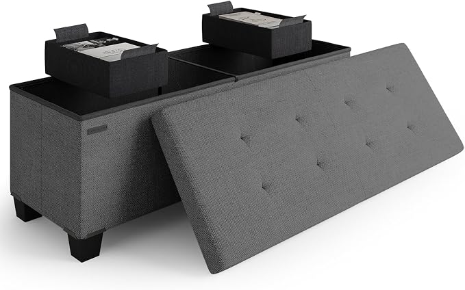 Storage Ottoman Bench with Bins, 43-in Storage Bench for Bedroom End of Bed, Folding Foot Rest Ottoman for Living Room Max 660lbs, Fabric Ottomans, Grey