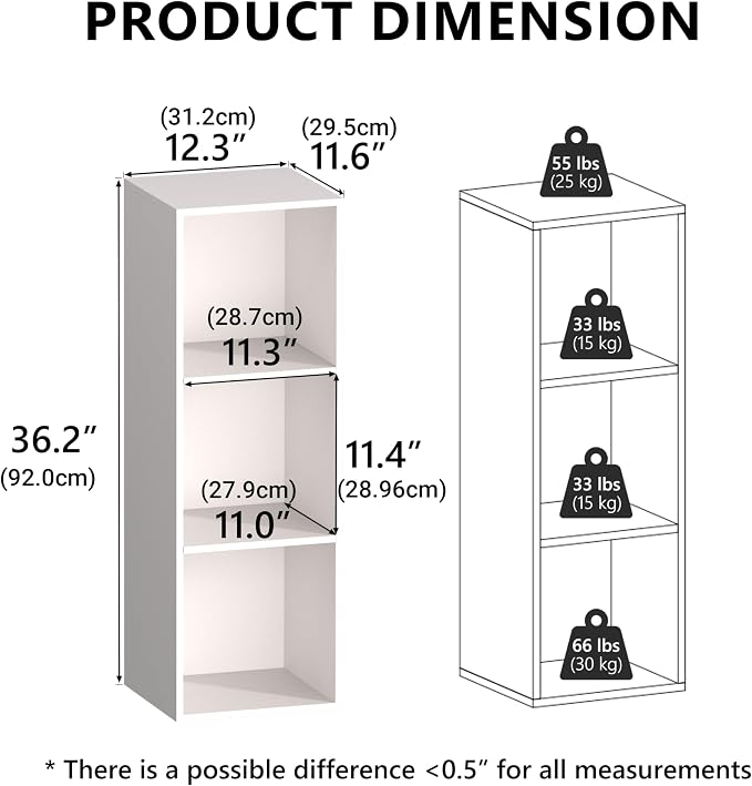 3 Cube Storage Organizer White, 3 Cube Shelf Freestanding Open Cubby, 3 Tier Low Bookcase Storage Display Organizer for Home Office Living Room Bedroom