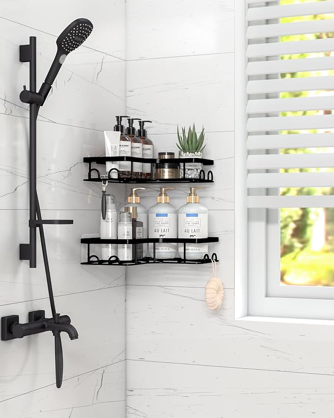Sakugi Corner Shower Caddy - 2 Pack, Adhesive Shower Organizers, Rustproof Stainless Steel Shower Shelves with 8 Hooks, No Drilling Bathroom Organizers and Storage Racks, Space-Saving, Black, Medium
