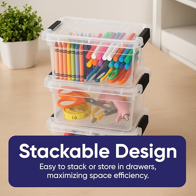 Superio Mini Storage Container Plastic Crayon Box Art Supplies and Sewing Case Stackable Clear Small Organizer for Beads, Stationery, Chalk, and Food, 1.05 Quart, 2 Pack