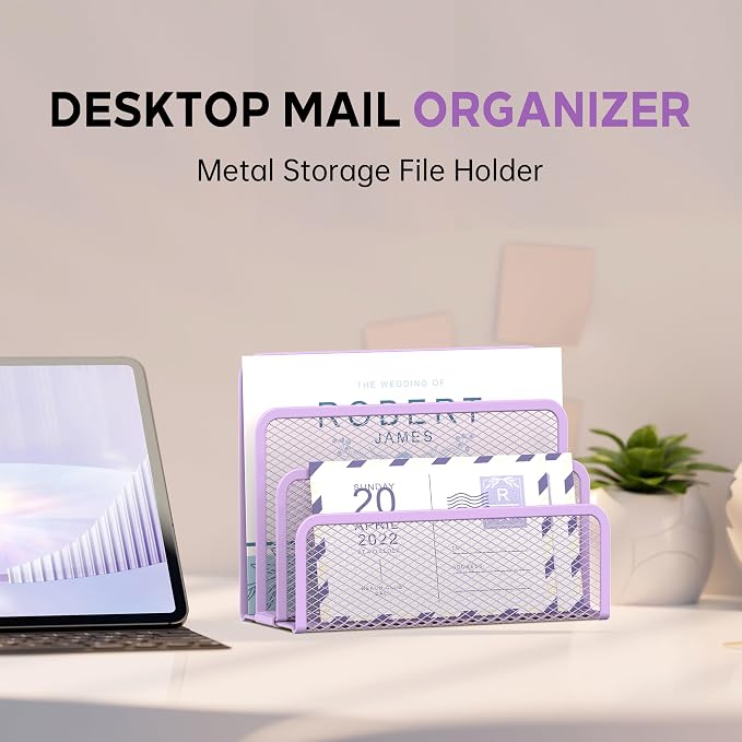 Mail Organizer Countertop for Desk, Mail File Holder with 3-Slot, Purple | Metal Mesh Mail Sorter for Letters, Envelopes, Bills, and Files for Home Offices, Classroom Organization