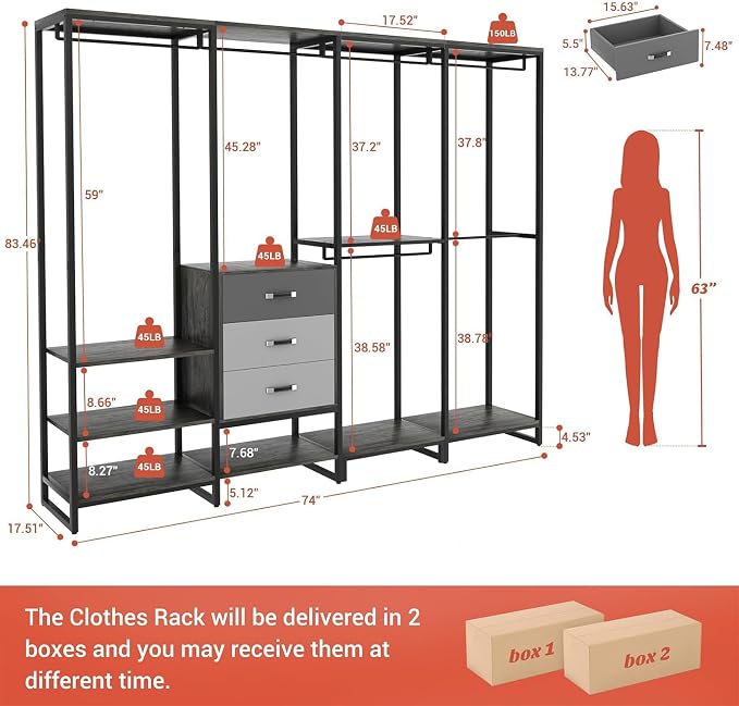 Freestanding Closet Organizer System with 3 Drawers, 6FT Heavy Duty Clothing Rack with Shelves and 6 Hanging Rods, Large Corner L Shaped Garment Rack, Grey Oak