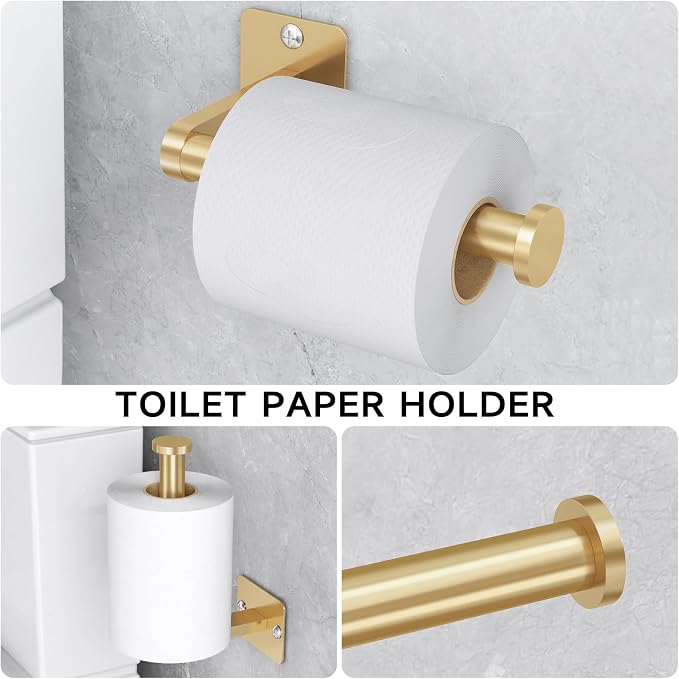 KLJKPA Bathroom Accessories Set, 4-Piece Gold Bathroom Hardware Set | 24 inch Towel Bar, Towel Racks for Bathroom, Robe Towel Hooks, Toilet Paper Holder Wall Mounted
