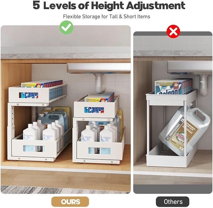 2 Packs 21IN Depth Under Sink Organizer, 2-Tier Pull Out Cabinet Organizer With Smooth Circular Rail, Large Capacity Metal Mesh Sliding Drawers For Bathroom& Kitchen Storage,Height Adjustable –White