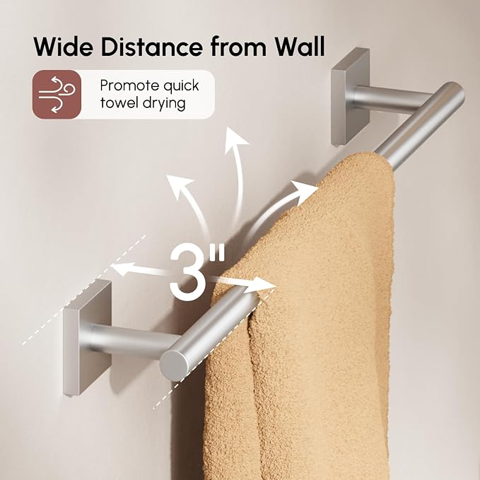 Brushed Nickel Towel Bar, 18 Inch Towel Racks for Bathroom | Thicken 304 Stainless Steel Towel Holder with Square Base, Towel Rod Wall Mounted, Modern Home Decor (Total Length 20 Inch)